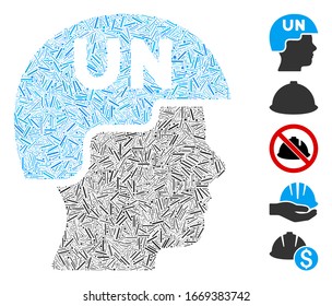 Line Mosaic based on united nations soldier helmet icon. Mosaic vector united nations soldier helmet is created with scattered line dots. Bonus icons are added.
