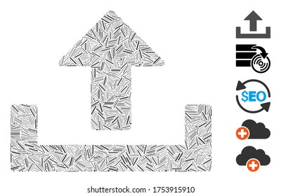 Line Mosaic based on upload icon. Mosaic vector upload is created with random line dots. Bonus icons are added.