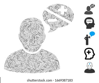 Line Mosaic based on user arguments icon. Mosaic vector user arguments is formed with random line elements. Bonus icons are added.