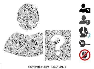 Line Mosaic based on user helpbook icon. Mosaic vector user helpbook is composed with scattered line spots. Bonus icons are added.