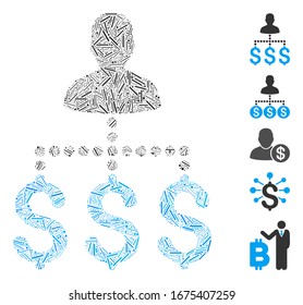 Line Mosaic based on user payments icon. Mosaic vector user payments is composed with randomized line elements. Bonus icons are added.
