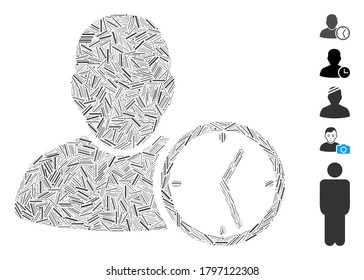 Line Mosaic basierend auf dem Benutzer temporäre Uhr Symbol. Die temporäre Uhr des Mosaik-Vektorbenutzers wird mit zufälligen Zeilenelementen erstellt. Bonussymbole werden hinzugefügt.