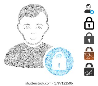 Line Mosaic based on user lock icon. Mosaic vector user lock is composed with randomized line spots. Bonus icons are added.
