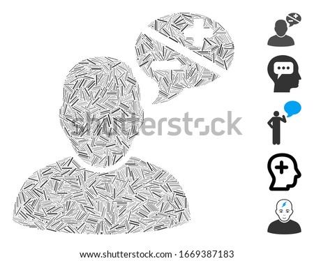 Line Mosaic based on user arguments icon. Mosaic vector user arguments is formed with random line elements. Bonus icons are added.