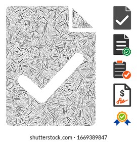 Line Mosaic based on valid agreement page icon. Mosaic vector valid agreement page is designed with randomized line elements. Bonus icons are added.