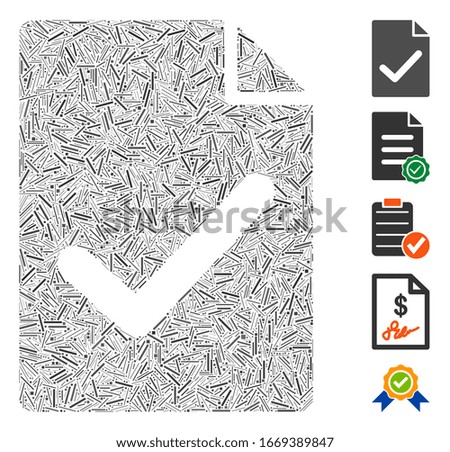 Line Mosaic based on valid agreement page icon. Mosaic vector valid agreement page is designed with randomized line elements. Bonus icons are added.