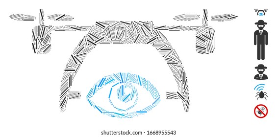 Line Mosaic based on video spy drone icon. Mosaic vector video spy drone is formed with randomized line elements. Bonus icons are added.