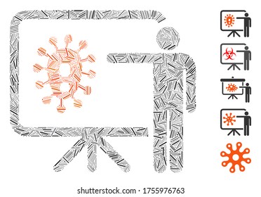 Line Mosaic based on virus lecture icon. Mosaic vector virus lecture is composed with scattered line elements. Bonus icons are added.