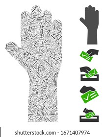 Line Mosaic based on vote hand icon. Mosaic vector vote hand is created with scattered dash dots. Bonus icons are added.