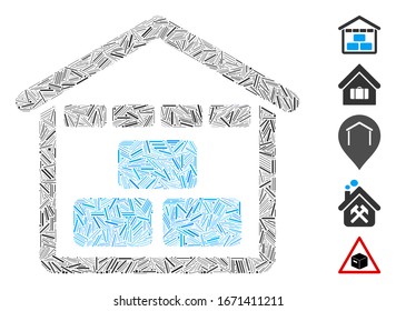 Line Mosaic based on warehouse icon. Mosaic vector warehouse is created with scattered line elements. Bonus icons are added.