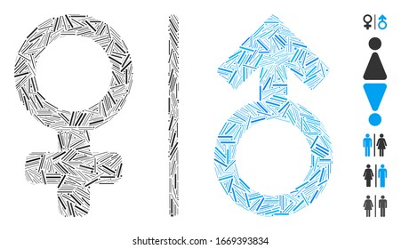 Linie Mosaik auf der Grundlage der Geschlechtersymbole des WCs. Mosaik Vektorillustration WC Geschlechtssymbole bestehen aus verstreuten Lukenelementen. Bonussymbole werden hinzugefügt.