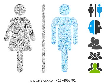 Line Mosaik auf der Grundlage der WC Personen Symbol. Mosaik Vektorillustration WC Personen wird mit verstreuten Linien geschaffen. Bonussymbole werden hinzugefügt.