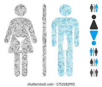 Line Mosaic based on WC persons icon. Mosaic vector WC persons is formed with randomized line spots. Bonus icons are added.