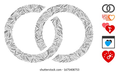Line Mosaic based on wedding rings icon. Mosaic vector wedding rings is designed with randomized line dots. Bonus icons are added.