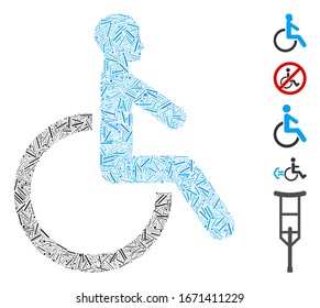 Line Mosaic based on wheelchair icon. Mosaic vector wheelchair is created with random line items. Bonus icons are added.