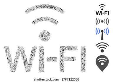 Line Mosaic basierend auf Wi-Fi-Symbol. Mosaik Vektor Wi-Fi besteht aus verstreuten Linien Elemente. Bonussymbole werden hinzugefügt.