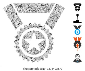 Line Mosaic based on winner medal icon. Mosaic vector winner medal is composed with random line items. Bonus icons are added.