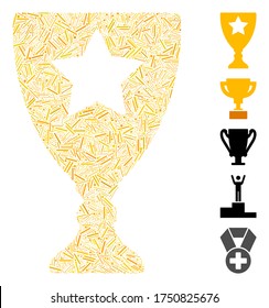 Mosaico de línea basado en el icono de copa ganadora. La copa vencedora del vector mosaico se crea con puntos de línea aleatorios. Se agregan iconos de bonificación.