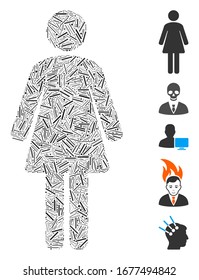 Line Mosaic based on woman icon. Mosaic vector woman is composed with random line dots. Bonus icons are added.