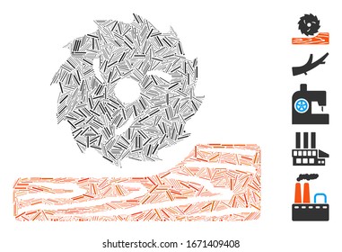 Line Mosaic based on wood processing icon. Mosaic vector wood processing is created with scattered line elements. Bonus icons are added.