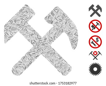 Line Mosaic based on work icon. Mosaic vector work is composed with randomized line elements. Bonus icons are added.