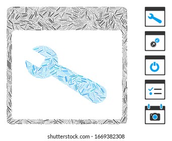 Line Mosaic based on wrench tool calendar page icon. Mosaic vector wrench tool calendar page is formed with random line spots. Bonus icons are added.
