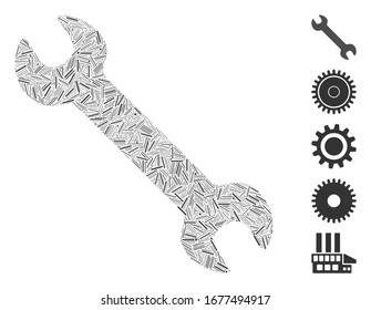 Line Mosaic based on wrench icon. Mosaic vector wrench is formed with scattered dash spots. Bonus icons are added.