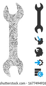 Line Mosaic based on wrench icon. Mosaic vector wrench is created with scattered line spots. Bonus icons are added.