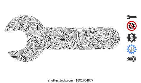 Line Mosaic based on wrench icon. Mosaic vector wrench is designed with scattered line items. Bonus icons are added.