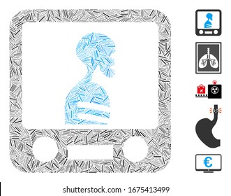 Line Mosaic based on xray screening icon. Mosaic vector xray screening is composed with random line spots. Bonus icons are added.