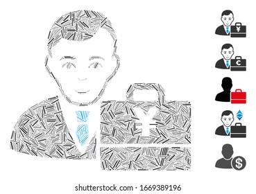Line Mosaic based on yen accounter icon. Mosaic vector yen accounter is designed with random line spots. Bonus icons are added.