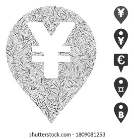 Linie Mosaik basierend auf Yen Karte Marker Symbol. Mosaik Vektor Yen Karte Marker ist mit zufälligen Linien-Spots entworfen. Bonussymbole werden hinzugefügt.