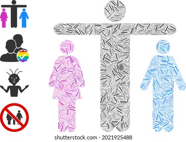 Line mosaic bisexual person icon composed of straight elements in various sizes and color hues. Linear elements are composed into abstract vector mosaic bisexual person icon.