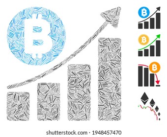 Line mosaic Bitcoin bar chart trend icon constructed from narrow elements in variable sizes and color hues.