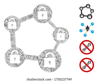 Line mosaic blockchain network icon designed from thin items in variable sizes and color hues. Line items are grouped into abstract vector mosaic blockchain network icon. Bonus icons are added.
