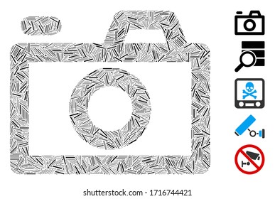 Line mosaic camera icon composed of thin items in various sizes and color hues. Vector line items are organized into abstract mosaic camera icon. Bonus icons are added.