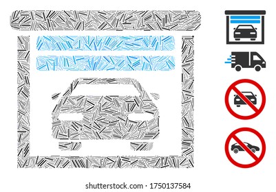 Line mosaic car garage icon united from straight items in random sizes and color hues. Line items are grouped into abstract vector mosaic car garage icon. Bonus icons are added.