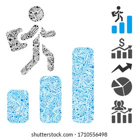 Line mosaic career chart icon organized from straight items in different sizes and color hues. Vector line items are arranged into abstract collage career chart icon. Bonus icons are added.