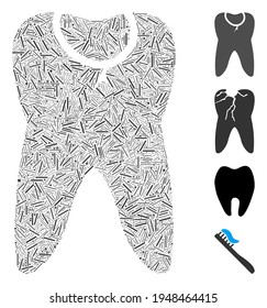 Line mosaic caries tooth icon designed from narrow items in various sizes and color hues. Linear items are arranged into abstract vector composition caries tooth icon. Bonus icons are placed.
