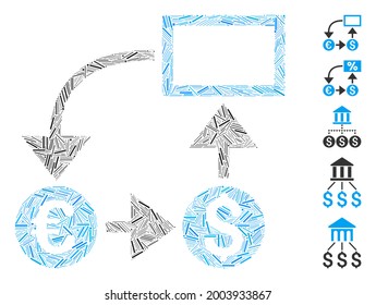 Line Mosaic Cashflow Icon Composed Of Narrow Elements In Different Sizes And Color Hues. Vector Line Elements Are Arranged Into Abstract Mosaic Cashflow Icon. Bonus Icons Are Added.