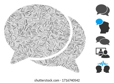 Line mosaic chat icon composed of straight elements in random sizes and color hues. Vector line items are united into abstract composition chat icon. Bonus icons are added.