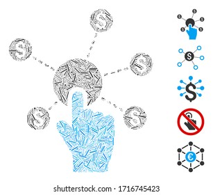 Line mosaic click financial network icon organized from thin elements in variable sizes and color hues. Vector hatch elements are organized into abstract illustration click financial network icon.