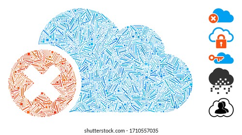 Line mosaic close cloud icon composed of thin elements in various sizes and color hues. Vector hatch items are composed into abstract mosaic close cloud icon. Bonus icons are placed.