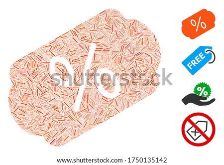 Line mosaic discount label icon designed from thin elements in variable sizes and color hues. Linear elements are united into abstract vector mosaic discount label icon. Bonus icons are added.