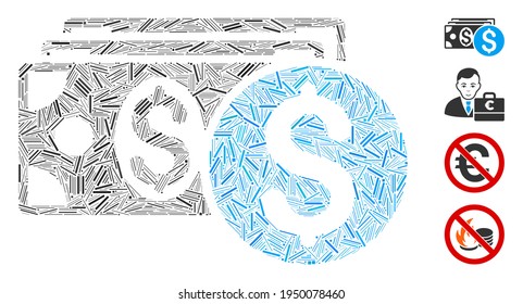Line mosaic dollar cash icon constructed from straight items in variable sizes and color hues. Lines items are composed into abstract vector mosaic dollar cash icon. Bonus icons are added.