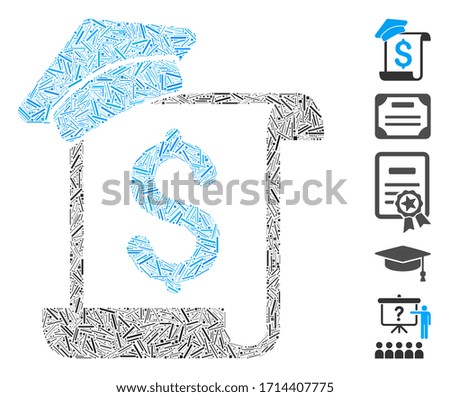 Line mosaic education invoice icon united from straight items in different sizes and color hues. Vector line items are united into abstract composition education invoice icon. Bonus icons are added.