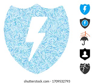 Line mosaic electric shield icon designed from thin elements in different sizes and color hues. Vector line elements are combined into abstract composition electric shield icon. Bonus icons are added.