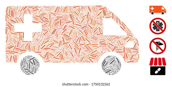 Line mosaic emergency van icon designed from straight elements in different sizes and color hues. Irregular hatch elements are grouped into abstract vector mosaic emergency van icon.