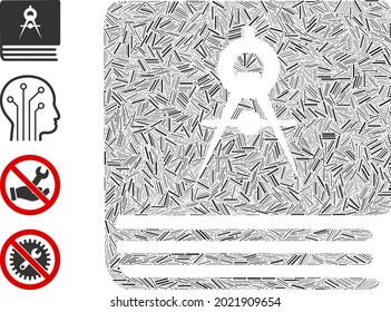 Line mosaic engineering book icon composed of thin elements in various sizes and color hues. Lines elements are composed into abstract vector illustration engineering book icon.