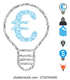 Line mosaic Euro bulb icon constructed from straight items in random sizes and color hues. Vector line items are combined into abstract mosaic Euro bulb icon. Bonus icons are placed.